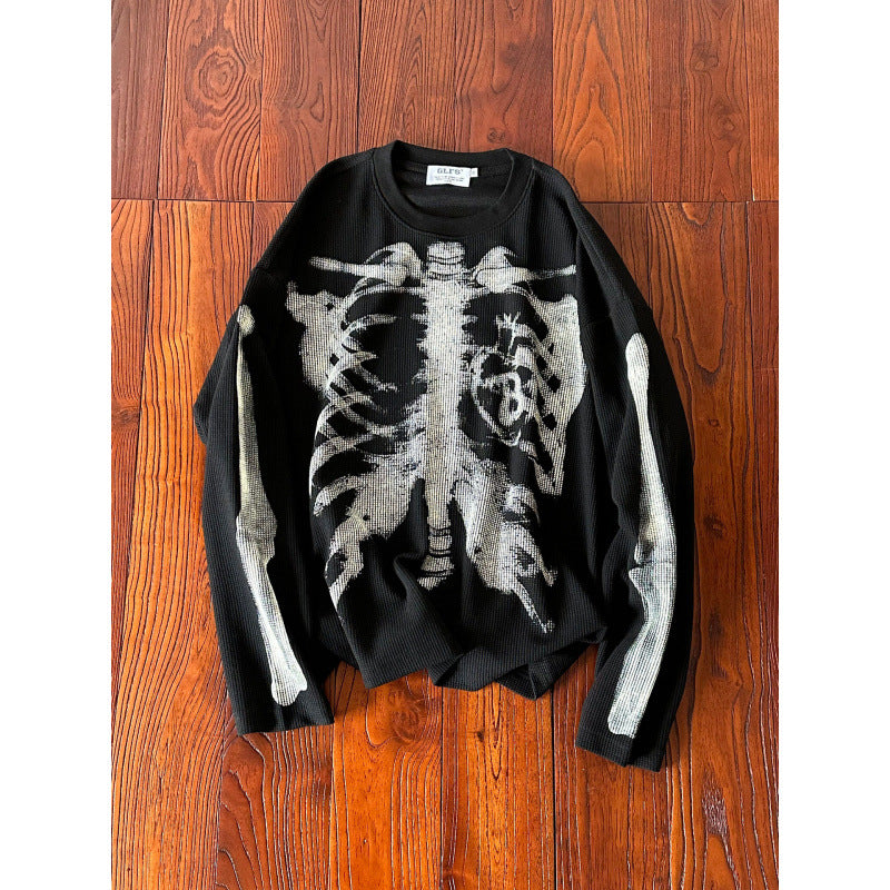 2026 American Gothic Dark Black Skull Print Long Sleeve T-Shirt Unisex Loose Handsome Abbey Top