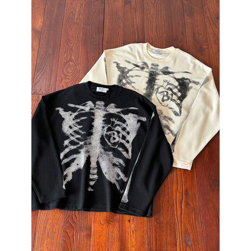 2026 American Gothic Dark Black Skull Print Long Sleeve T-Shirt Unisex Loose Handsome Abbey Top